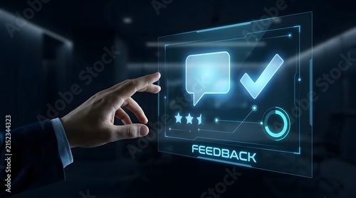 Digital feedback concept with a glowing holographic screen displaying a speech bubble and checkmark being interacted with by a human hand
