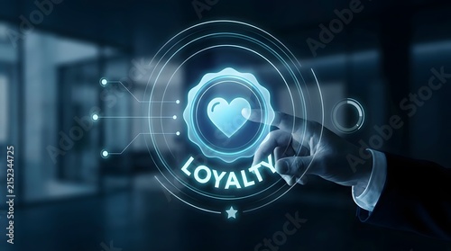 Digital loyalty program concept with a glowing heart icon and connecting lines against a blurred modern office background