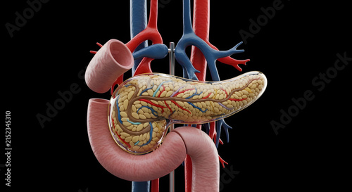 Quadro su tela Detailed medical representation of human pancreas and adjacent organs inside abdominal area