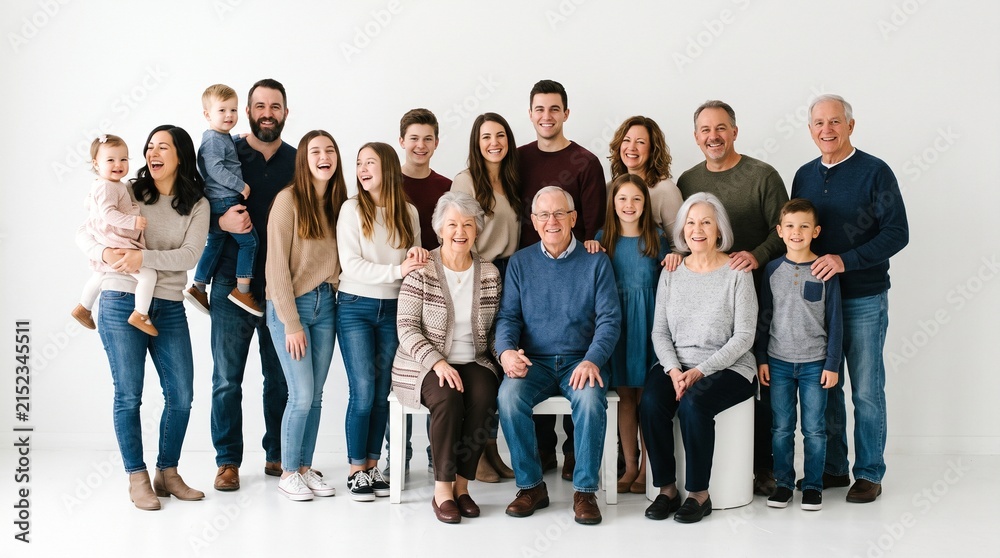 Obraz premium Multi-generational family portrait with parents grandparents and children posing together in studio