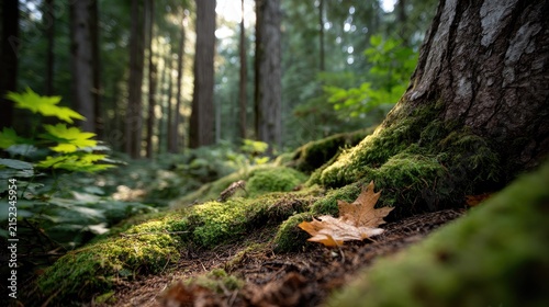 Vibrant forest scene showing moss covering tree roots with sunlight shining through tall trees