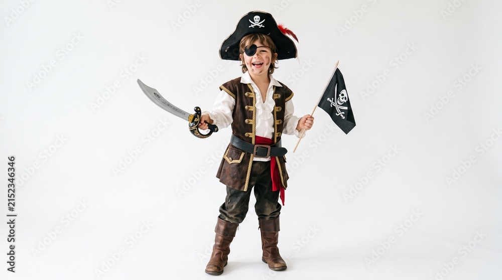 Naklejka premium Joyful young boy dressed as a pirate holding a sword and a Jolly Roger flag against a white background