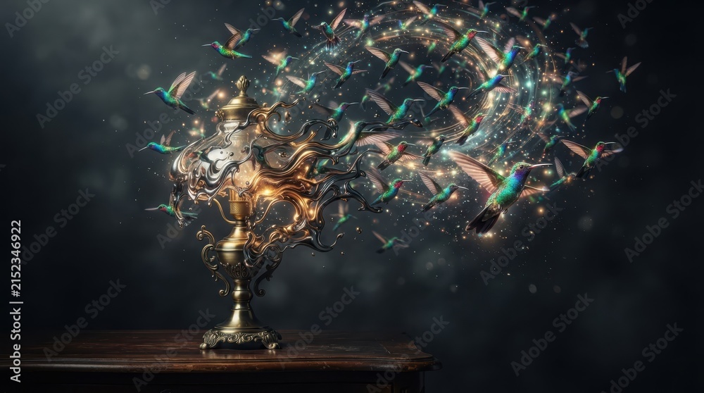 Fototapeta premium Hummingbirds emerging from a glowing vintage lamp