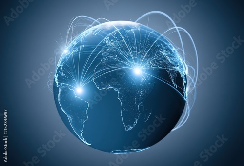 A digital globe representing global communication networks with glowing connection lines and bright data nodes on a dark blue background