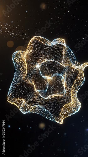 Abstract Glowing Golden Particle Flower Expanding in Dark Space Motion Background