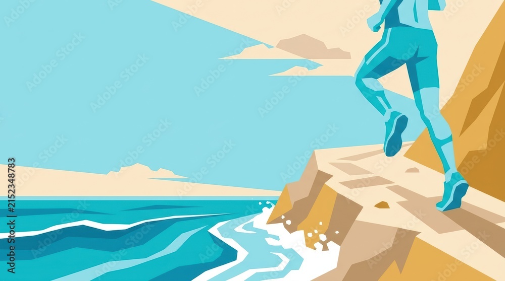 Fototapeta premium A stylized runner traverses a coastal path beside a vibrant blue ocean under a clear sky