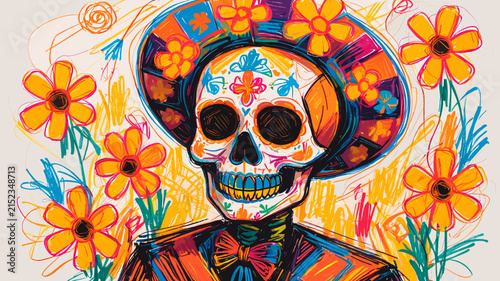 Obraz na plátne Vibrant illustration of a sugar skull with a floral sombrero surrounded by marigolds, celebrating Day of the Dead