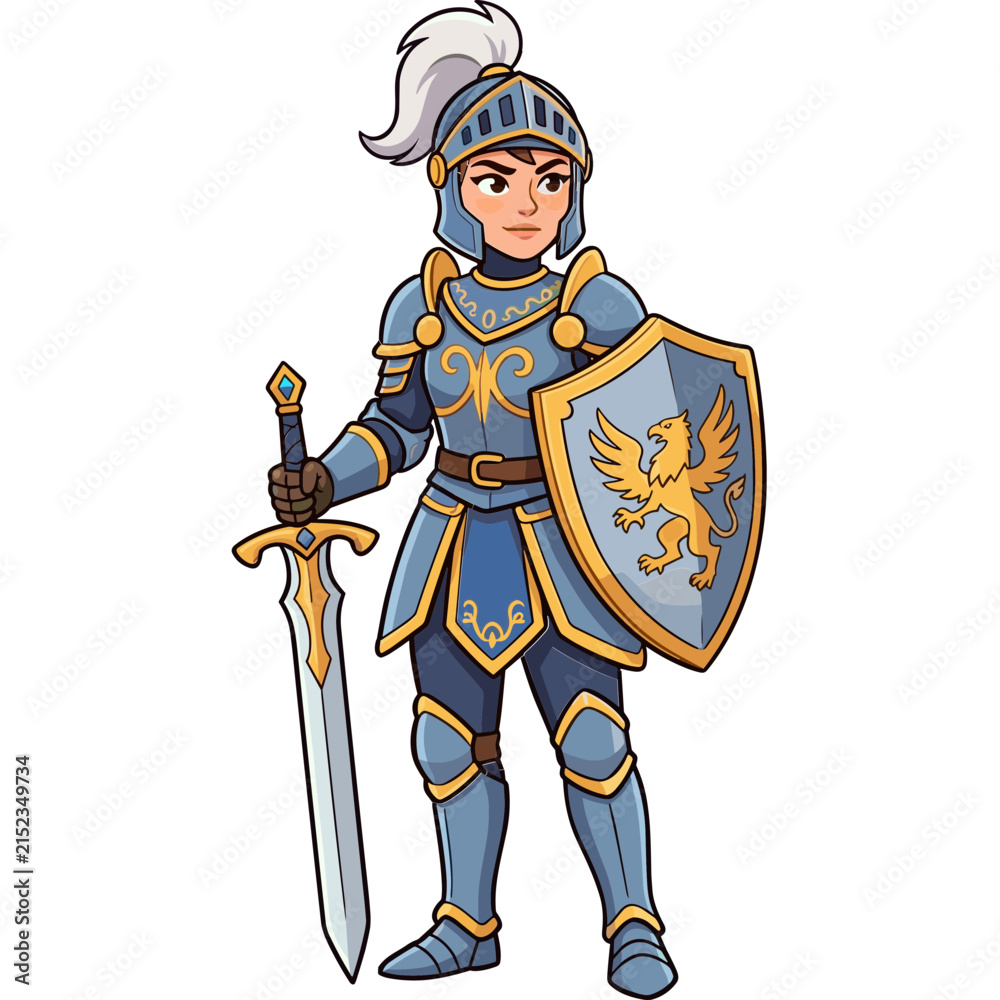 Obraz premium Full-body vector illustration of a brave female knight in blue armor with a sword and shield