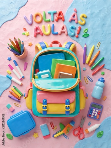 Clay backpack with school supplies