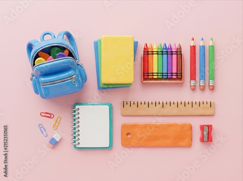 Clay school supplies flatlay