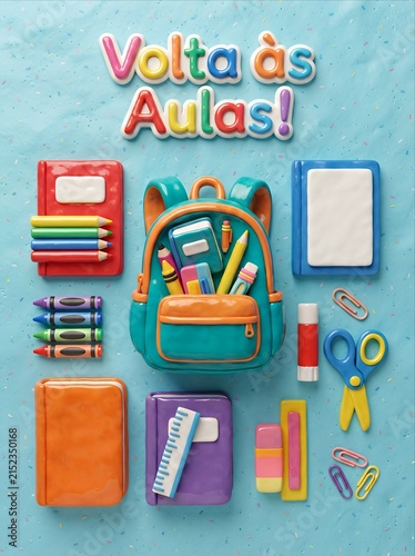 Clay school supplies arranged playfully