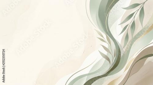 A beige and green abstract floral design with wavy lines and leaves on a beige background.