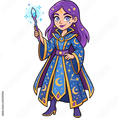 Cartoon sorceress with purple hair holding a magic wand and wearing a celestial robe with golden stars and moons