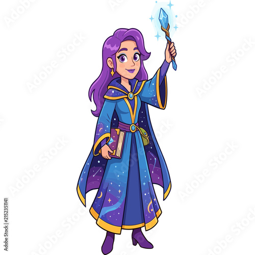 Charming cartoon sorceress holding a glowing crystal wand and spellbook, wearing a starry blue robe