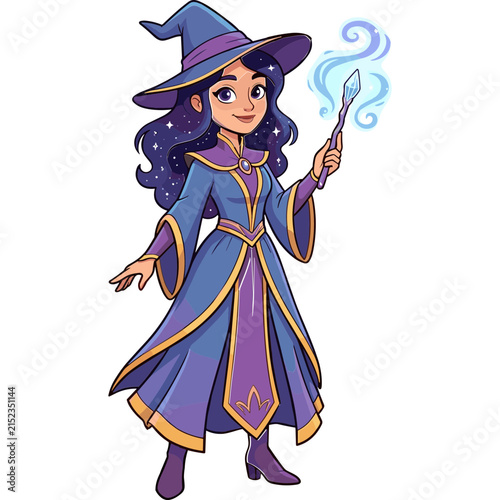 Charming cartoon witch character in purple robes holding a glowing magic wand with sparkling hair and hat