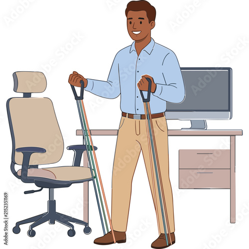 Office Workout: A smiling man engages in a fitness routine using resistance bands next to his desk and office chair, promoting wellness at work.