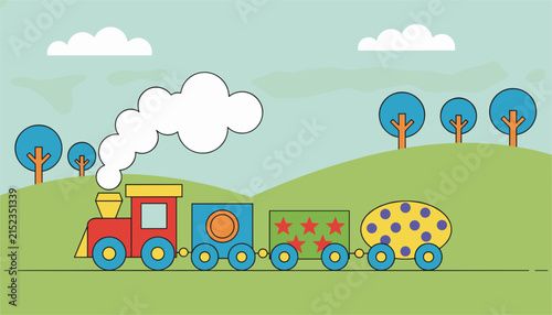 Toy steam train carrying colorful carriages through a green hill landscape