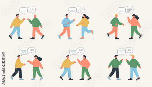 Six diverse pairs of cartoon people standing and talking with speech bubbles