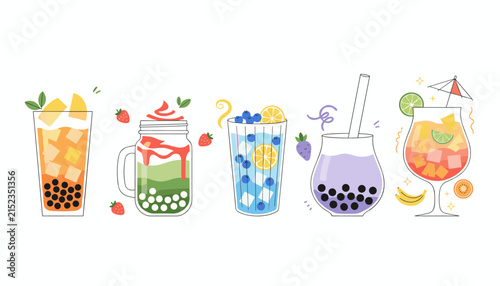 Colorful selection of different bubble tea drinks and summer cocktails in various glasses