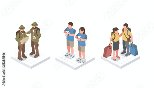Isometric set of tourists hiking navigating with compass and traveling with luggage