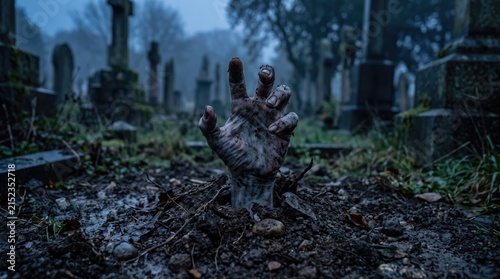A zombie hand emerges from the ground in a foggy graveyard. Tombstones are visible in the background, creating a spooky atmosphere.