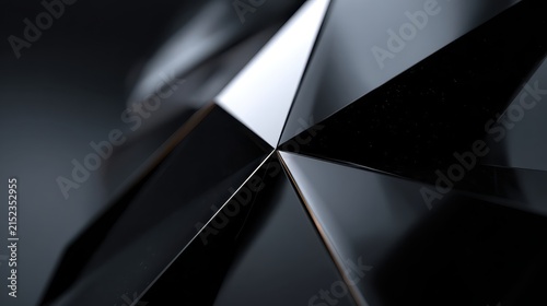 Abstract dark glass geometric shapes with highly polished surfaces and sharp edges