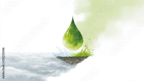 Water drop transforming dry earth into green life, environmental concept art illustration.