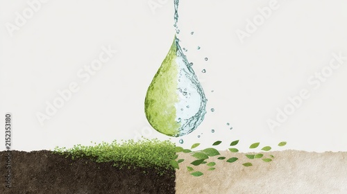 Water drop falling on dry soil transforming into green grass and life concept
