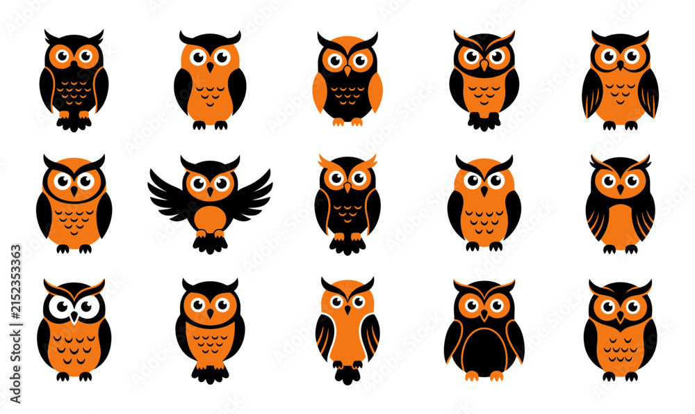 Obraz premium A collection of fifteen stylized owl icons featuring black and orange color schemes perfect for halloween designs and various bird themed projects