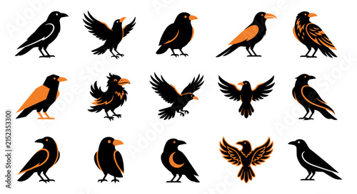 Set of various black and orange raven or crow bird silhouettes in different poses isolated on a white background for design