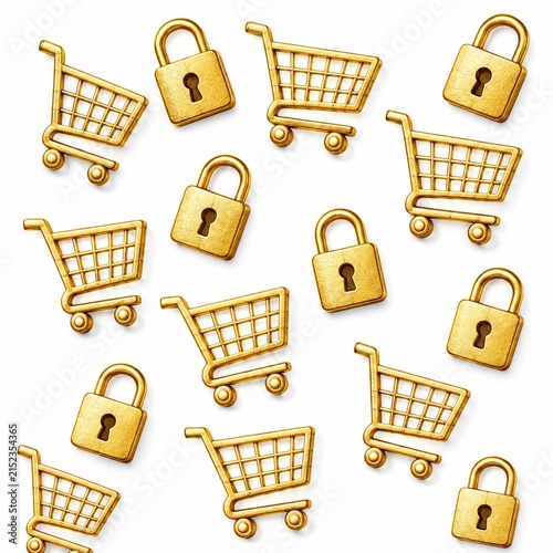 Pattern of golden shopping carts and padlocks on white background