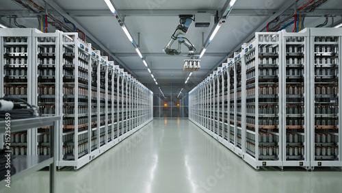 Ceiling mounted robotic arm manages battery storage racks in advanced energy storage center.