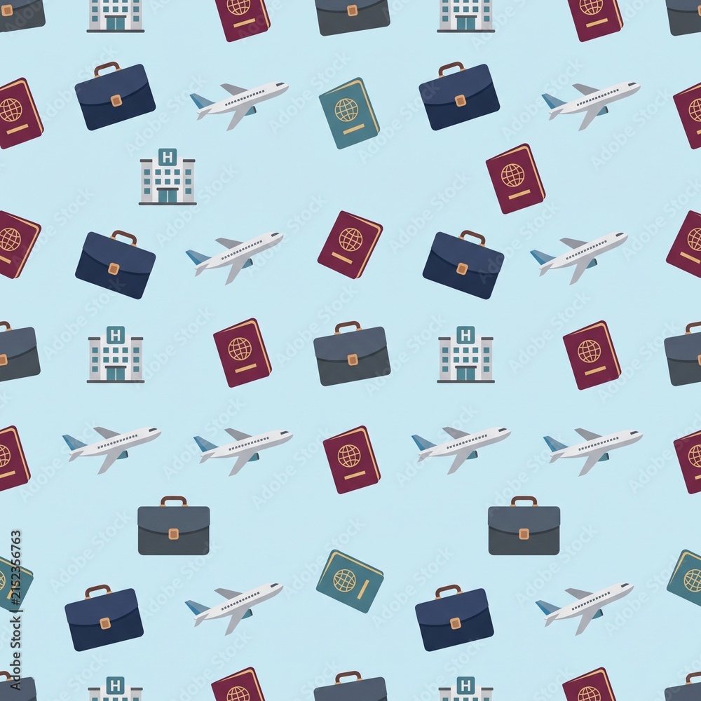 Overhead seamless luggage travel pattern with airplanes and business bags on light background