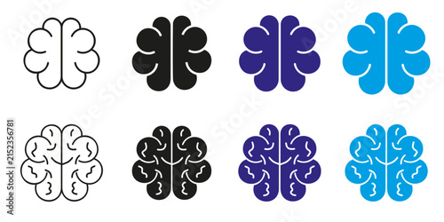 Brain vector icons set in different colors and styles, mind and psychology symbols illustration