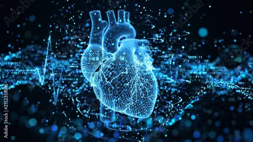 Glowing blue digital human heart with ekg heartbeat pulse