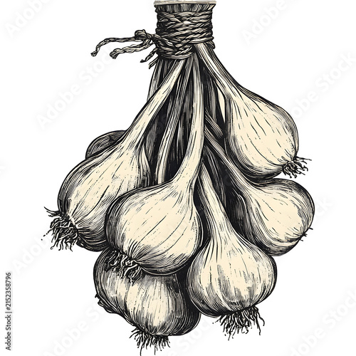 Vintage garlic bundle clipart with tied garlic bulbs and dried stems in warm sepia tones, isolated on a transparent background for harvest, farmhouse labels, food packaging and rustic kitchen designs.