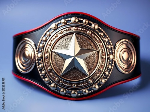 Championship belt with star center plate and circular side plates, victory, silver
