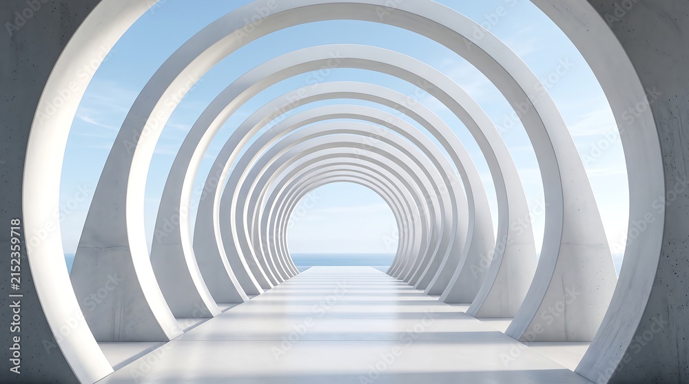 Obraz premium Futuristic architectural tunnel with circular concrete arches leading to a bright ocean horizon