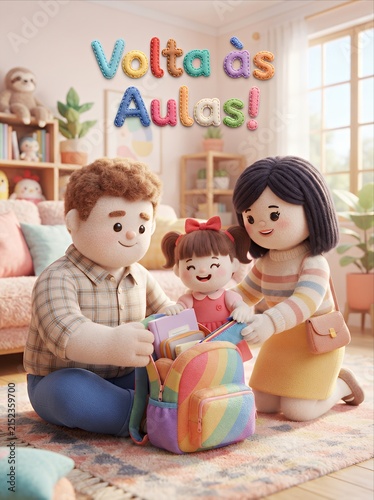 Family preparing backpack for school