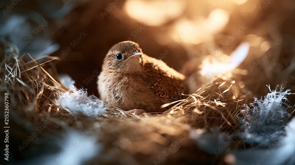 Obraz premium Little wren chick in sunlit wren bird nest