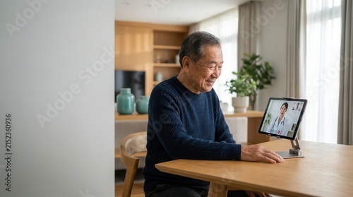 Senior Asian man having video call on digital tablet at home table