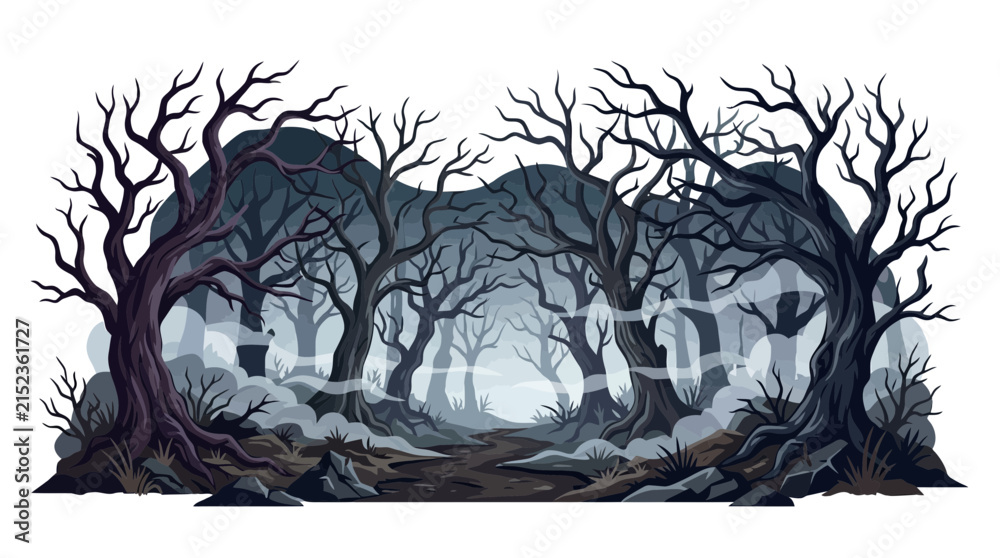 Obraz premium Spooky haunted forest background. Dark pine branches in fog. Eerie tree branches concept. Autumn spooky atmosphere. Fantasy background