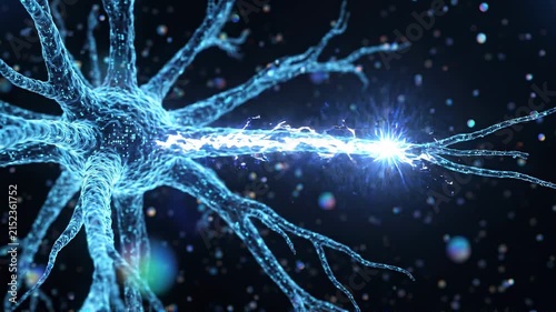 Neural connection pulse reaching the end of a blue nerve cell