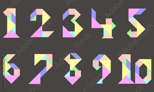 Tangram puzzle set with numbers 1-10, flat isolated on black background, vector