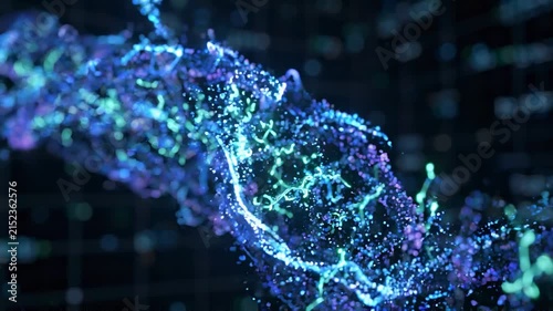Digital dna double helix formed by glowing particles and data