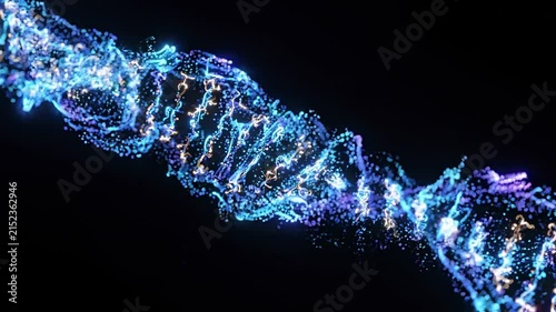 Glowing blue dna double helix rotating on a black background