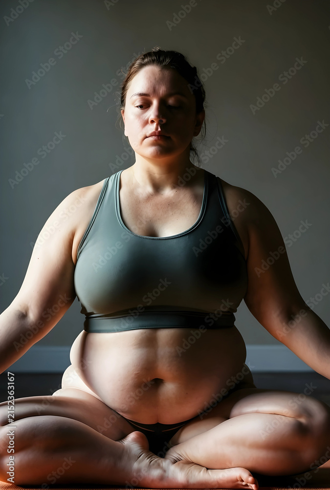 Fototapeta premium Plus size woman meditating in lotus position, body positivity and mental wellness concept, self care and mindfulness practice