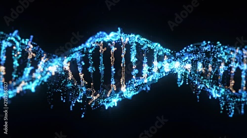 Digital blue dna helix strand rotating horizontally