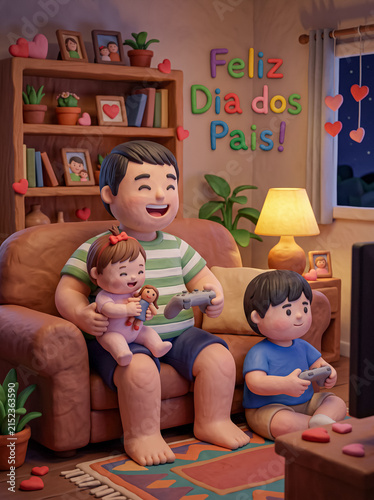 Father playing videogame with children