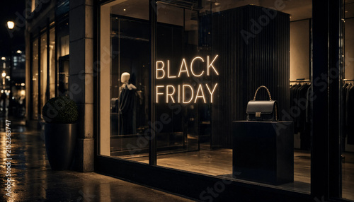 Retail store window display featuring Black Friday sale at night  